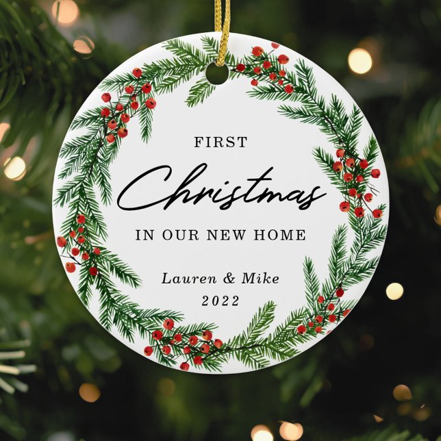 Rustic Berry Wreath First Christmas in New Home Ceramic Tree Decoration (Creator Uploaded)