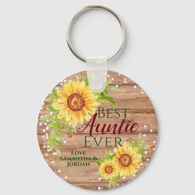 Rustic Best Auntie Ever Floral Sunflower Keychain (Front)