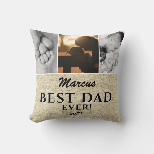 Rustic Best Dad Ever Father`s Day 3 Photo Collage Cushion (Front)