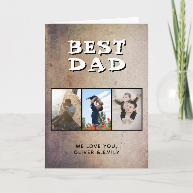 Rustic Best Dad Father's Day 3 Photo  Holiday Card (Front)