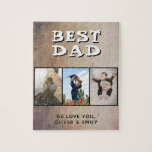 Rustic Best Dad Father's Day 3 Photo  Jigsaw Puzzle<br><div class="desc">Rustic Best Dad Father's Day 3 Photo puzzle. Rustic textured background and 3 family photos - add 3 photos and your names. A lovely keepsake for father. Gift for Father's day,  birthday or Christmas.</div>