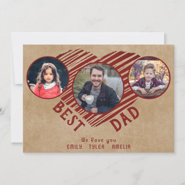 Rustic Best Dad Heart Father`s Day 3 Photos Holiday Card (Front)