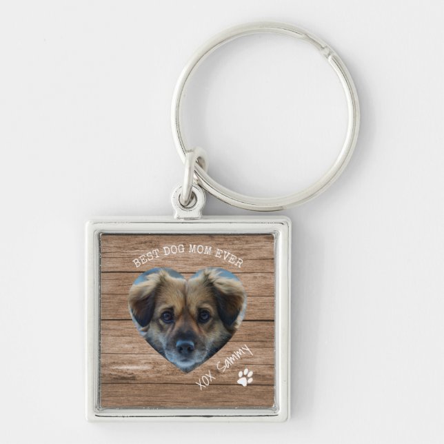 Rustic Best Dog Mom Ever Pet Photo & Paw Print Key Ring (Front)