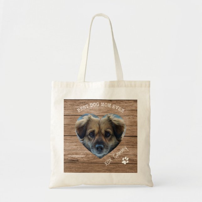 Rustic Best Dog Mum Ever Pet Photo & Paw Print Tote Bag (Front)