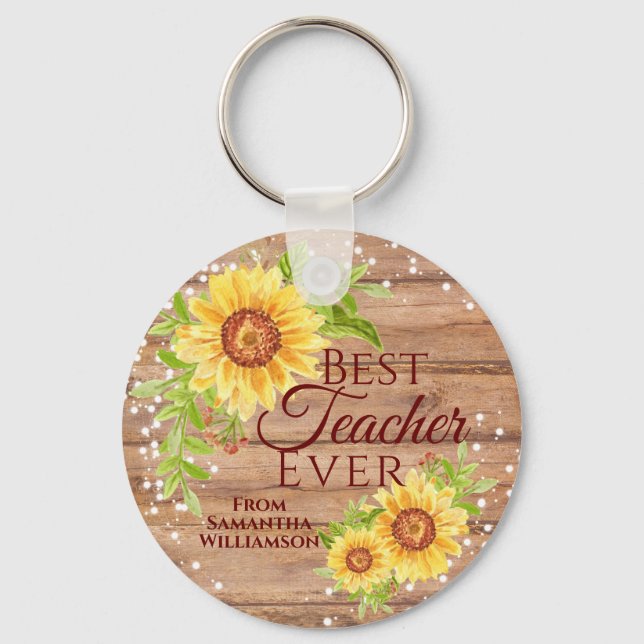 Rustic Best Teacher Ever Floral Sunflower Keychain (Front)
