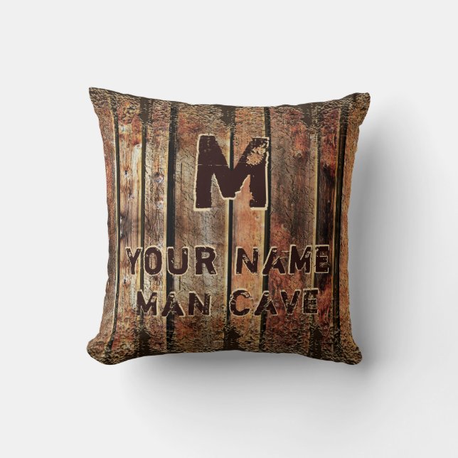 Rustic Big or Little Man Cave Pillow, Personalised Cushion (Front)