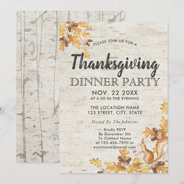 Rustic Birch Acorns Oak Leaves Thanksgiving Invitation (Front/Back)