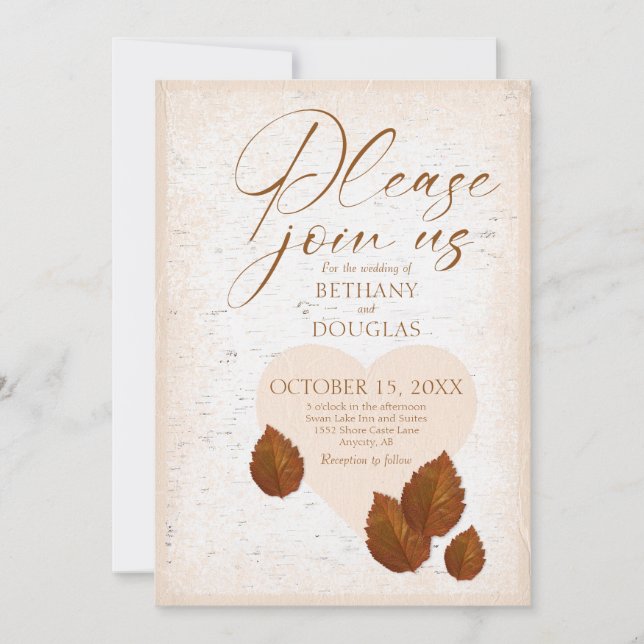 Rustic Birch Bark Carved Heart Autumn Fall Wedding Invitation (Front)