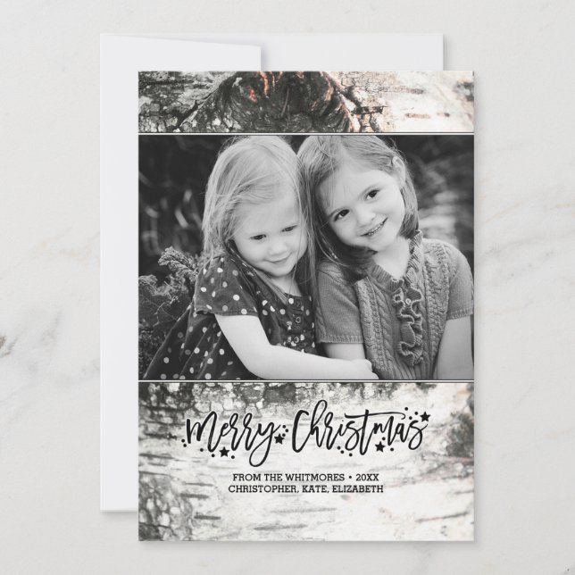 Rustic Birch Bark Merry Christmas Photo Holiday Card (Front)