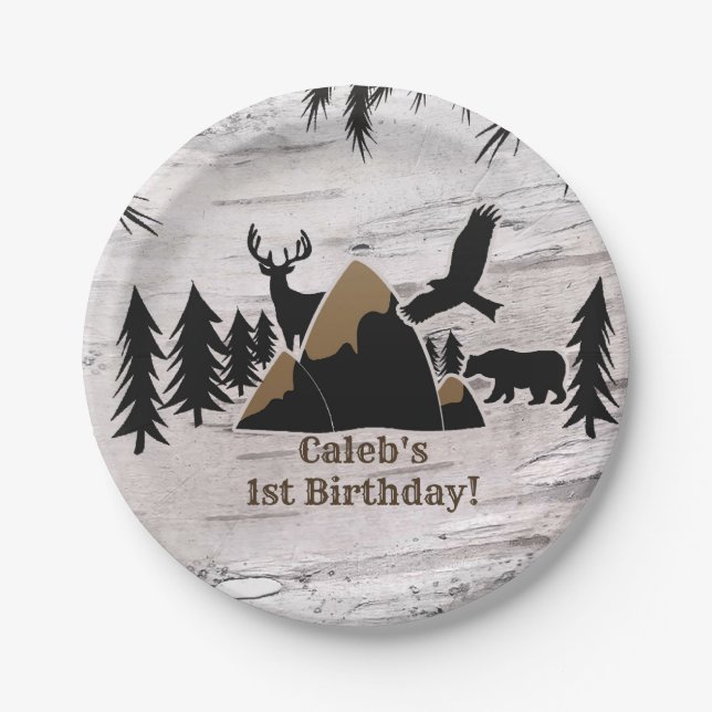 Rustic Birch Outdoor Wilderness One 1st birthday Paper Plate (Front)