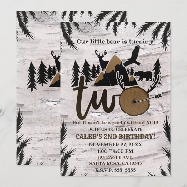 Rustic Birch Outdoor Wilderness TWO 2nd birthday Invitation (Front/Back)