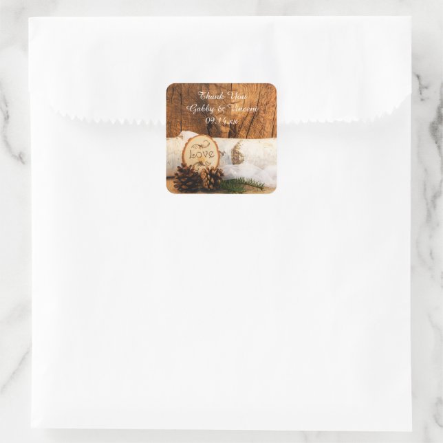 Rustic Birch Tree and Barn Wood Wedding Thank You Square Sticker (Bag)