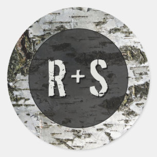 Rustic Birch Tree Bark Modern Wedding Monogram Classic Round Sticker