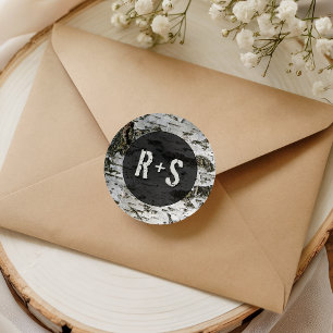 Rustic Birch Tree Bark Modern Wedding Monogram Classic Round Sticker