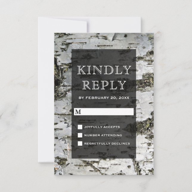 Rustic Birch Tree Bark Modern Wedding RSVP Card (Front)