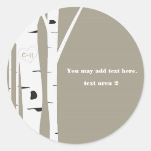 Rustic Birch Tree Carved Heart Taupe Favour Classic Round Sticker