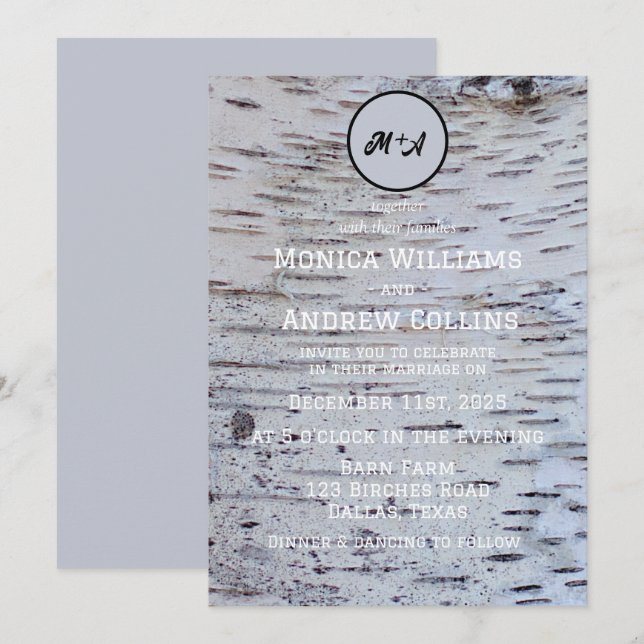 Rustic Birch Tree Country Elegant Bark Wedding Invitation (Front/Back)