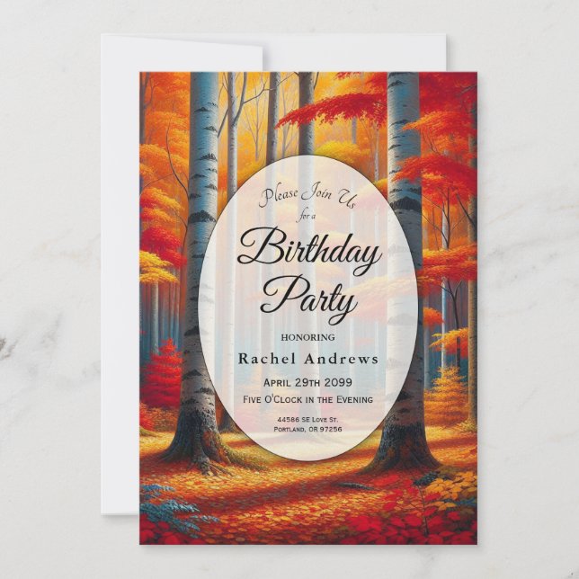Rustic Birch Tree Fall Forest Birthday Party Invitation (Front)