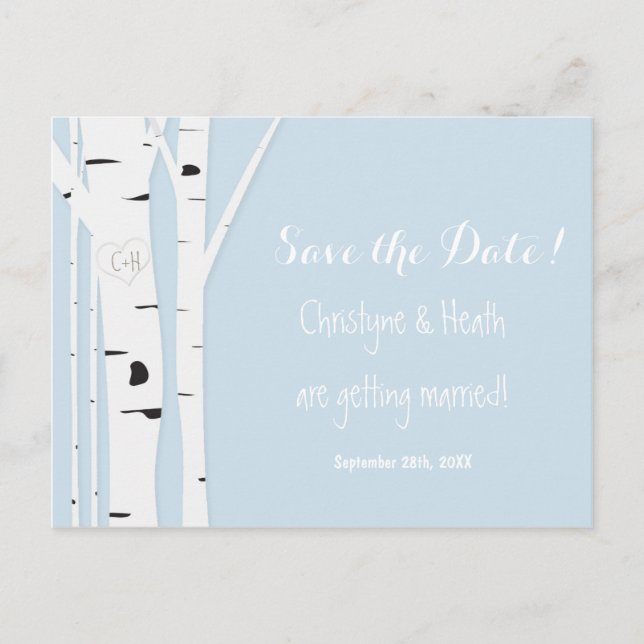 Rustic Birch Tree Heart Blue Save Date Postcard (Front)
