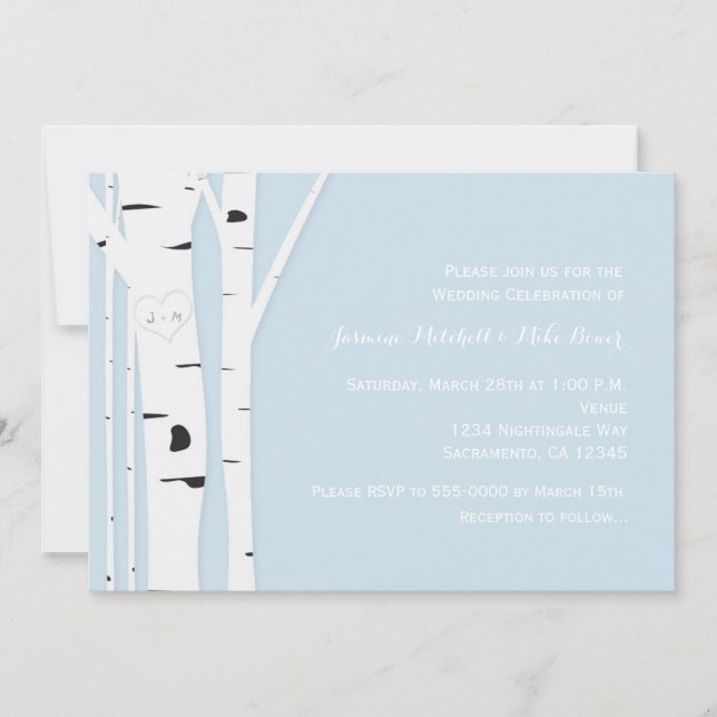 Rustic Birch Tree Heart Blue Wedding Invitation (Front)