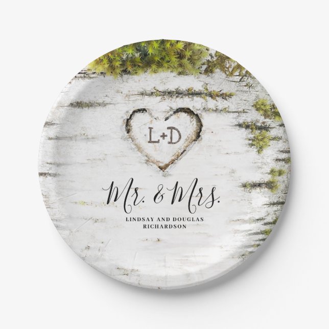 Rustic Birch Tree Heart Fall Wedding Paper Plate (Front)