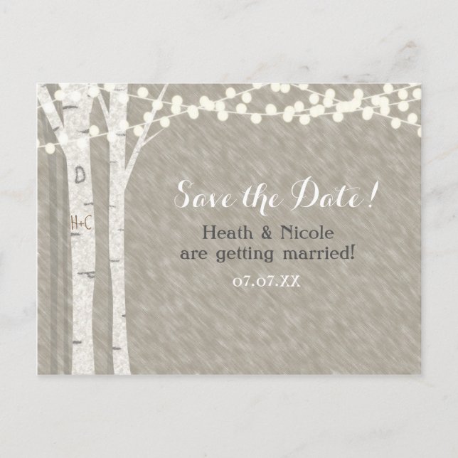 Rustic Birch Tree String Lights Save Date Wedding Announcement Postcard (Front)