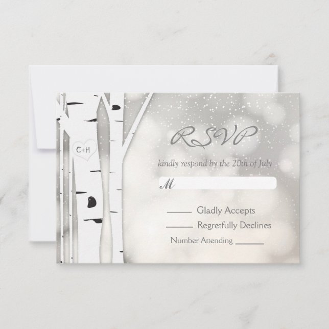 Rustic Birch Tree Winter White Snowy RSVP Card (Front)
