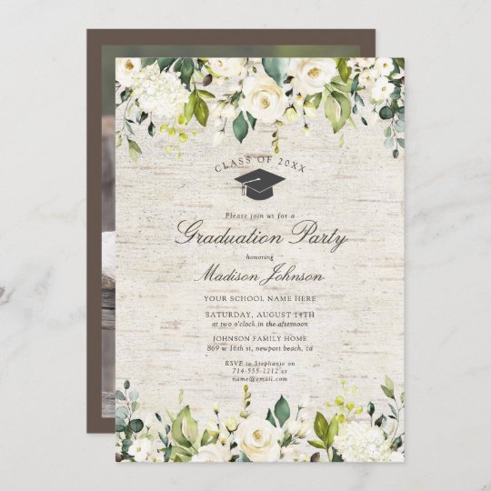 Rustic Birch White Floral Photo Graduation Party Invitation