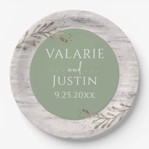 Rustic Birch Wood Sage Green Wedding Paper Plates