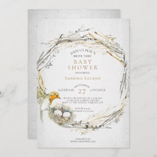 Rustic Bird and Nest Drive Thru Twins Baby Shower Invitation