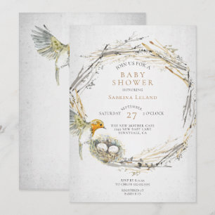 Rustic Bird and Nest Watercolor Twins Baby Shower Invitation