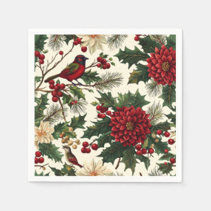 Rustic Bird and Poinsettia Christmas Pattern (10) Napkin