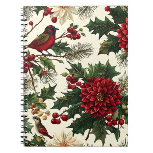 Rustic Bird and Poinsettia Christmas Pattern (10) Notebook