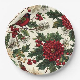 Rustic Bird and Poinsettia Christmas Pattern (10) Paper Plate