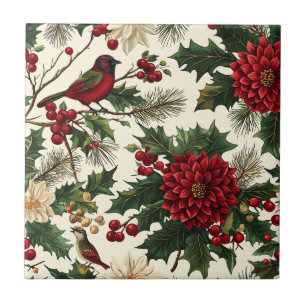 Rustic Bird and Poinsettia Christmas Pattern (10)  Tile