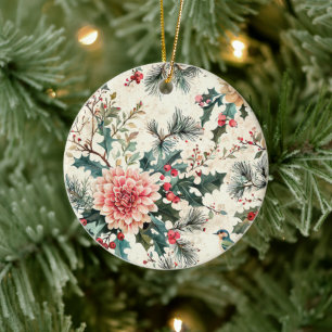 Rustic Bird and Poinsettia Christmas Pattern (11) Ceramic Tree Decoration