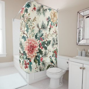 Rustic Bird and Poinsettia Christmas Pattern (11) Shower Curtain