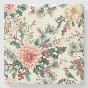 Rustic Bird and Poinsettia Christmas Pattern (11) Stone Coaster