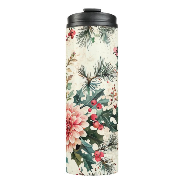 Rustic Bird and Poinsettia Christmas Pattern (11) Thermal Tumbler (Front)