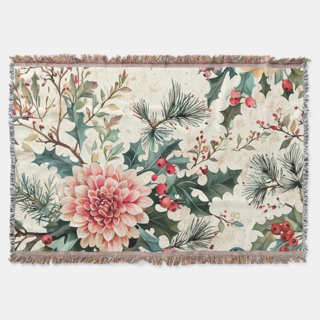 Rustic Bird and Poinsettia Christmas Pattern (11) Throw Blanket (Front)