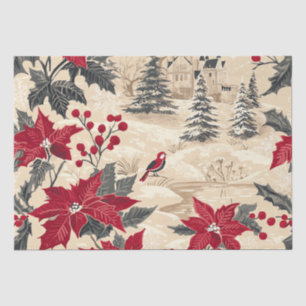 Rustic Bird and Poinsettia Christmas Pattern (11) Tissue Paper