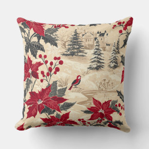 Rustic Bird and Poinsettia Christmas Pattern (12) Cushion
