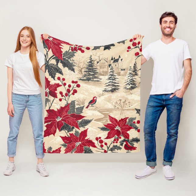 Rustic Bird and Poinsettia Christmas Pattern (12) Fleece Blanket (In Situ)