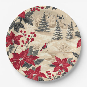 Rustic Bird and Poinsettia Christmas Pattern (12) Paper Plate