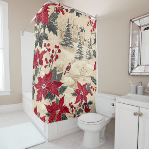 Rustic Bird and Poinsettia Christmas Pattern (12) Shower Curtain