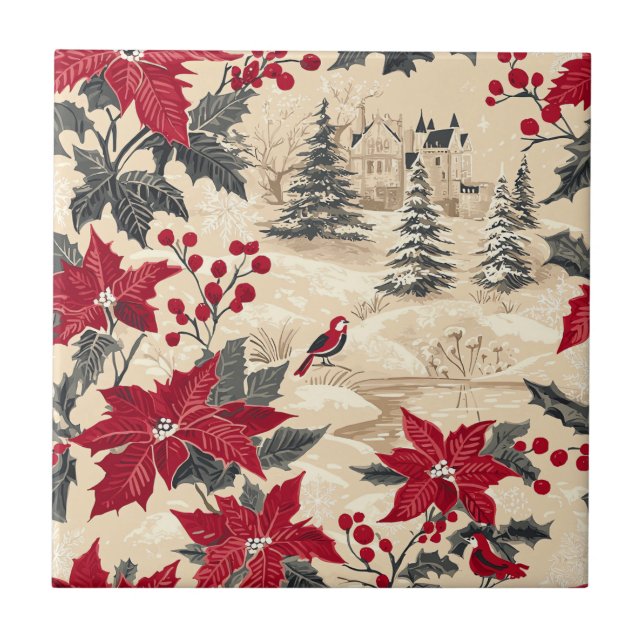 Rustic Bird and Poinsettia Christmas Pattern (12)  Tile (Front)