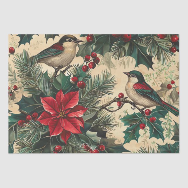 Rustic Bird and Poinsettia Christmas Pattern (12) Tissue Paper (Front)