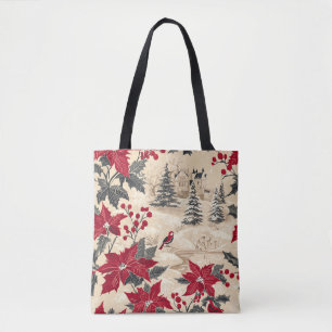 Rustic Bird and Poinsettia Christmas Pattern (12) Tote Bag