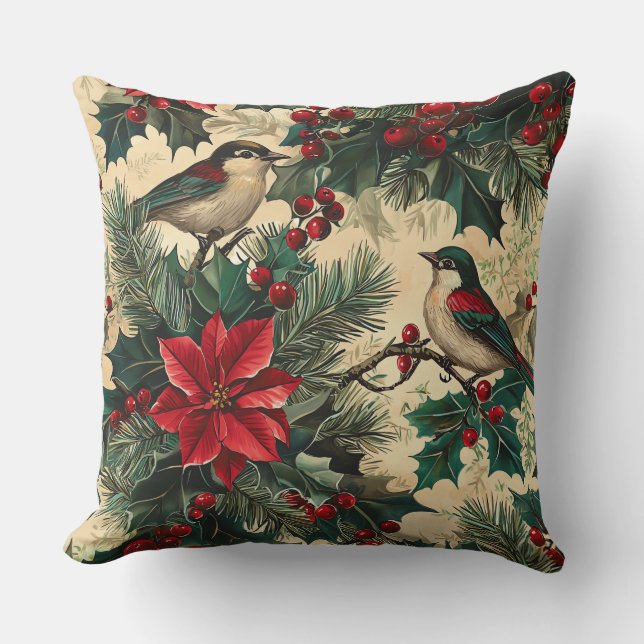 Rustic Bird and Poinsettia Christmas Pattern (13) Cushion (Front)