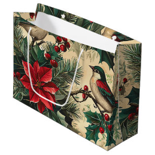 Rustic Bird and Poinsettia Christmas Pattern (13) Large Gift Bag